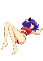  bad_id bad_pixiv_id barefoot blue_hair blush breasts camisole female hair_ornament lying medium_breasts navel non_(z-art) panties red_eyes red_panties short_hair simple_background solo touhou underwear underwear_only white_background yasaka_kanako 