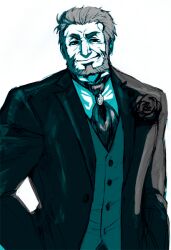  1boy beard blue_eyes blue_hair blue_theme commentary_request facial_hair fate/zero fate_(series) formal iskandar_(fate) male_focus manly monochrome necktie solo suit usagida vest waistcoat 