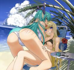  2girls ass beach bikini black_bikini blonde_hair blue_eyes breasts cherry cloud clouds drink flower food fruit green_eyes green_hair horns large_breasts long_hair lying m@sa mouth_hold multiple_girls ocean on_back open_mouth original parted_lips pointy_ears sky swimsuit white_bikini white_swimsuit 