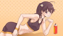  ahoge alternate_breast_size araragi_karen ass bad_id bad_pixiv_id black_eyes black_hair black_shorts bottle breasts covered_nipples egg_(food) egg_hair_ornament female food food-themed_hair_ornament fried_egg grin hair_ornament midriff monogatari_(series) navel nisemonogatari polka_dot polka_dot_background short_shorts shorts side_ponytail small_breasts smile solo stomach sweat tank_top water_bottle zucchini 