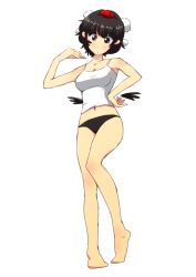  bad_id bad_pixiv_id bare_shoulders barefoot black_eyes black_hair black_panties black_wings blush breasts camisole female full_body hat looking_at_viewer medium_breasts navel non_(z-art) panties shameimaru_aya short_hair simple_background solo tokin_hat touhou underwear underwear_only white_background wings 