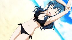  armpits beach bikini black_hair blue_hair breasts claria cleavage closed_eyes commentary_request cowboy_shot female front-tie_top highres large_breasts long_hair makishima_saori navel no_eyewear ocean open_mouth ore_no_imouto_ga_konna_ni_kawaii_wake_ga_nai side-tie_bikini_bottom solo stretching swimsuit underboob 