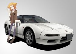  breasts car cleavage commentary_request female honda honda_nsx hood hood_down medium_breasts motor_vehicle orange_hair original pants red_eyes right-hand_drive short_hair solo tomcat vehicle_focus waving 