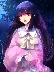  bad_id bad_pixiv_id black_hair bow female hime_cut houraisan_kaguya leaf long_hair long_sleeves meronpanna_(mikoniito) open_mouth red_eyes solo touhou wide_sleeves 