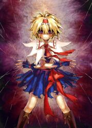  alice_margatroid blonde_hair boots capelet commentary female fingerless_gloves flyleaf gloves highres jewelry photoshop_(medium) puppet_rings purple_eyes ribbon ring short_hair solo string touhou 