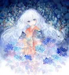  blue_eyes blue_hair bonnou-s-rice bow commentary_request faux_traditional_media female flower head_tilt hydrangea japanese_clothes kimono long_hair original solo very_long_hair 