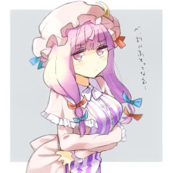  bad_id bad_pixiv_id blush bow breasts crescent dress female hairbow hat keechin_(tsukuri) long_hair looking_at_viewer medium_breasts patchouli_knowledge photoshop_(medium) purple_eyes purple_hair ribbon solo striped touhou translated 