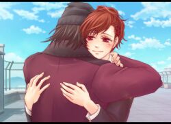  1boy aragaki_shinjirou beanie brown_hair cloud commentary_request couple day female hair_ornament hairclip hat hug letterboxed outdoors persona persona_3 persona_3_portable ponytail red_eyes red_hair rooftop school_uniform shiomi_kotone sky straight yuri_(freedom) 