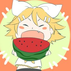  blonde_hair closed_eyes commentary_request female food fruit hazuki_natsu kagamine_rin oerba_yun_fang open_mouth solo vocaloid watermelon 