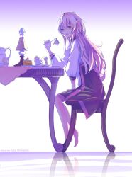  absurdres azling barefoot cake chair commentary_request copyright_name cup dress fairy_(jintai) female food fork highres jinrui_wa_suitai_shimashita long_hair open_mouth photoshop_(medium) pink_hair sitting table teacup teapot watashi_(jintai) 