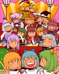  6+girls alice_margatroid alternate_costume animal_ears bad_id bad_pixiv_id blonde_hair blue_hair bonbori_(lighting) cirno closed_eyes commentary_request daiyousei green_hair happy hat hinadan hinamatsuri hirabitai horns hoshiguma_yuugi japanese_clothes kirisame_marisa lunasa_prismriver lyrica_prismriver merlin_prismriver mizuhashi_parsee multiple_girls mystia_lorelei okamisty onikobe_rin open_mouth patchouli_knowledge purple_hair reisen_udongein_inaba rumia saishi single_horn smile team_9_(touhou) touhou wings wriggle_nightbug yagokoro_eirin |_| 