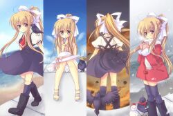  air_(visual_novel) bird black_legwear blonde_hair blue_eyes boots commentary_request dress female food from_below gloves hair_ribbon holding kamio_misuzu long_hair miyata_(miyatami07) ponytail popsicle ribbon sandals sitting snowing thighhighs very_long_hair walking 