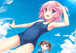  2girls :&lt; :d arm_up blue_eyes blush brown_hair cloud commentary_request day multiple_girls oerba_yun_fang old_school_swimsuit one-piece_swimsuit open_mouth original pink_hair red_eyes ryo_(botugo) school_swimsuit shading_eyes side_ponytail sky smile sunlight swimsuit triangle_mouth twintails 