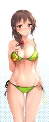  bad_id bad_pixiv_id bikini blush bow braid breasts brown_eyes brown_hair female green_bikini groin hairbow halftone halftone_background hand_on_own_hip highres idolmaster idolmaster_cinderella_girls large_breasts long_hair looking_at_viewer navel photoshop_(medium) senkawa_chihiro shiny_skin side-tie_bikini_bottom smile solo swimsuit thigh_gap untied yuki_usagi_(mofurafu) 