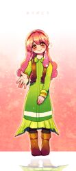  aida_orine akb0048 bad_id bad_pixiv_id blush collared_dress commentary dress female full_body long_hair outstretched_hand pink_hair reaching reaching_towards_viewer smile solo yellow_eyes yotte 