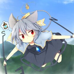  animal animal_ears bad_id bad_pixiv_id basket bishamonten&#039;s_pagoda blush capelet crystal dowsing_rod female fuuen_(akagaminanoka) grey_hair jewelry mountain mouse_(animal) mouse_ears mouse_tail nazrin pendant red_eyes short_hair sky solo tail touhou wrist_cuffs 