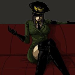  alternate_costume black_gloves black_hair black_legwear black_thighhighs couch female female gloves hat hat_over_eyes impel_down legs_crossed lowres necktie nico_robin one_piece prison_guard red_upholstery sitting solo thighhighs uniform 