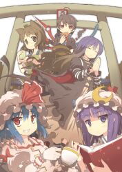  5girls ahoge animal_ears black_hair blue_eyes book brown_eyes brown_hair closed_eyes commentary_request crescent cup dress futatsuiwa_mamizou gap_(touhou) glasses gradient_hair grin hat hijiri_byakuren houjuu_nue leaf leaf_on_head long_hair multicolored_hair multiple_girls ooide_chousuke own_hands_together patchouli_knowledge photoshop_(medium) pince-nez pointy_ears purple_eyes purple_hair raccoon_ears red_eyes remilia_scarlet sharp_teeth short_hair smile stone_torii teacup teeth torii touhou wrist_cuffs 