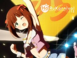  2012 ;o amami_haruka arm_up brown_hair character_name commentary_request female green_eyes hair_ribbon highres idolmaster idolmaster_(classic) leg_up one_eye_closed open_mouth pink_diamond_765_(idolmaster) rariemonn ribbon short_hair skirt solo wrist_cuffs 