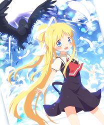  :d absurdres air_(visual_novel) ascot ayakashi_(monkeypanch) bird blonde_hair blue_eyes blush commentary_request cross dress feathers female hair_ribbon highres kamio_misuzu long_hair looking_at_viewer open_mouth ponytail ribbon smile solo sora_(air) very_long_hair 