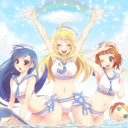  3girls amami_haruka armpits arms_up bikini blonde_hair blue_eyes blue_hair blush brown_hair closed_eyes commentary_request dixie_cup_hat green_eyes hat hoshii_miki idolmaster idolmaster_(classic) inflatable_toy kisaragi_chihaya long_hair military_hat mizutama_(flowering) multiple_girls navel nonowa one_eye_closed open_mouth sailor_bikini sailor_collar sailor_swimsuit_(idolmaster) smile swimsuit wading wet 