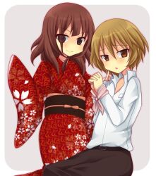  2girls blonde_hair blush brown_eyes brown_hair commentary_request hariu_eri japanese_clothes kimono kuromu_(cr0711) mihirogi_uta multiple_girls saki_(manga) saki_achiga-hen short_hair 