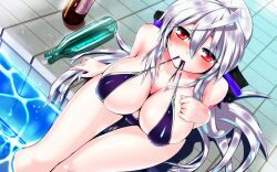  alcohol bikini blush bottle bow breasts cleavage commentary_request dangan_neko drunk dutch_angle female gimp_(medium) hairbow highres large_breasts long_hair mouth_hold ponytail pool poolside purple_bikini red_eyes sake smile soaking_feet solo striped_bow swimsuit tattoo thigh_gap untied_bikini very_long_hair vocaloid water white_hair yowane_haku 