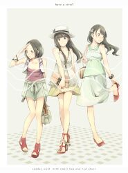  3girls :o adjusting_footwear a~chan bad_id bad_pixiv_id bag black_eyes black_hair blunt_bangs blush bracelet brown_hair dress english_text fashion full_body hair_ornament handbag hat highres holding holding_bag holding_strap jewelry kashiyuka long_hair multiple_girls nocchi_(perfume) perfume_(band) red_footwear red_shirt ring sandals shading_eyes shirt short_hair shorts shoulder_bag skirt sleeveless smile standing standing_on_one_leg strap vest white_vest yoshito 