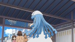  aizawa_chizuru animated animated beach blue_hair electric_fan food hat ikamusume long_hair noodles ramen shinryaku!_ikamusume squid_girl tentacle tentacle_hair throw throwing window 