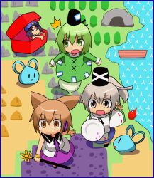  4girls ^^^ bad_id bad_pixiv_id beret black_hair boat bracelet brown_eyes brown_hair brown_legwear cave dragon_quest dress earmuffs ghost_tail green_dress green_eyes green_hair grey_eyes grey_hair hair_rings hat hat_ornament headphones himegi japanese_clothes jewelry kaku_seiga kariginu long_hair long_sleeves miyako_yoshika mononobe_no_futo multiple_girls off_shoulder ofuda open_mouth outstretched_arms plate ponytail rock shield short_hair short_sleeves skirt sleeveless slime_(dragon_quest) soga_no_tojiko star_(symbol) star_hat_ornament sweatdrop sword tate_eboshi touhou toyosatomimi_no_miko treasure_chest water watercraft weapon wide_sleeves zombie_pose 