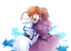  2girls brown_hair closed_eyes commentary_request fading hair_ribbon lyrical_nanoha magical_girl mahou_shoujo_lyrical_nanoha mahou_shoujo_lyrical_nanoha_a&#039;s mahou_shoujo_lyrical_nanoha_a&#039;s_portable:_the_battle_of_aces matching_outfits multiple_girls ribbon short_hair short_twintails stern_the_destructor takamachi_nanoha takana_(nanao) twintails 