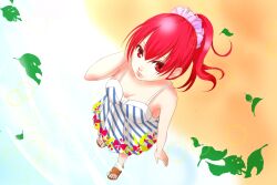  bare_shoulders commentary_request cul dress female from_above hair_ornament leaf long_hair matsuoka_mai ponytail red_eyes sandals solo vocaloid wading water 