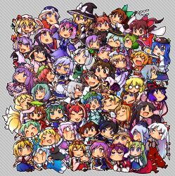  ! &gt;_&lt; 1boy 6+girls :3 =_= alice_margatroid angry animal_ears annoyed apron aqua_hair ascot asymmetrical_hair bad_id bad_pixiv_id blonde_hair blue_eyes blue_hair bow braid brown_eyes brown_hair capelet cat_ears chen cherry_blossoms chibi cirno closed_eyes commentary_request curly_hair daiyousei dress everyone flandre_scarlet fox_tail fujiwara_no_mokou glasses gohei gradient_hair green_bow green_eyes green_hair grey_background grey_hair hair_ornament hair_over_shoulder hair_ribbon hairband hairbow hakurei_reimu hand_fan hands_in_pockets happy hat hat_ribbon hieda_no_akyuu hijiri_byakuren himekaidou_hatate hinanawi_tenshi holding_hands hong_meiling horn_ornament horn_ribbon horns hoshiguma_yuugi houjuu_nue houraisan_kaguya hug ibuki_suika inaba_tewi interlocked_fingers inubashiri_momiji izayoi_sakuya kaenbyou_rin kagiyama_hina kamishirasawa_keine kawashiro_nitori kazami_yuuka kirisame_marisa kochiya_sanae komeiji_koishi komeiji_satori konpaku_youmu konpaku_youmu_(ghost) letty_whiterock light_smile long_hair looking_at_viewer looking_up luna_child mizuhashi_parsee morichika_rinnosuke moriya_suwako mouse_ears multicolored_hair multiple_girls murasa_minamitsu nagae_iku nanonin nazrin o_o obi oerba_yun_fang one_eye_closed onozuka_komachi orange_hair outstretched_arms patchouli_knowledge pink_eyes pink_hair pointing pointing_up purple_eyes purple_hair rabbit_ears red_eyes red_hair reisen_udongein_inaba reiuji_utsuho remilia_scarlet ribbon rumia saigyouji_yuyuko salute sash shameimaru_aya shanghai_doll shiki_eiki short_hair single_horn skirt skirt_set smile smirk star_(symbol) star_sapphire striped striped_background sunny_milk tail teeth toramaru_shou touhou triangular_headpiece twin_braids two_side_up vest wide_sleeves wings witch_hat wolf_ears yagokoro_eirin yakumo_ran yakumo_yukari yasaka_kanako yellow_eyes |_| 