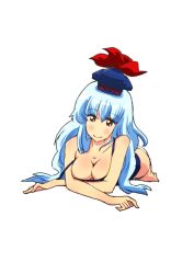  bad_id bad_pixiv_id bare_shoulders barefoot blue_hair blush breasts brown_eyes camisole collarbone female hat kamishirasawa_keine large_breasts long_hair lying non_(z-art) panties simple_background solo strap_slip touhou underwear underwear_only white_background white_panties 