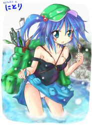  aqua_eyes backpack bag blue_hair bottle breasts character_name collarbone commentary_request cucumber female hair_bobbles hair_ornament hat kamashi kawashiro_nitori leaf medium_breasts open_mouth panties short_hair solo strap_slip touhou two_side_up underwear white_panties wrench 