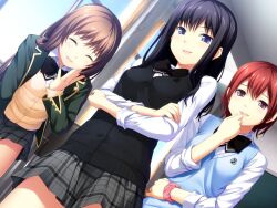  3girls ^_^ black_hair blazer blue_eyes brown_hair cardigan_vest closed_eyes crossed_arms game_cg hand_to_own_mouth jacket joker_-shisen_no_hate_no_doukeshi- multiple_girls oryo_(oryo04) plaid plaid_skirt purple_eyes red_hair school_uniform skirt sleeves_rolled_up smile sweater_vest 