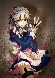  braid commentary female flyleaf grey_hair hair_ribbon izayoi_sakuya knife maid maid_headdress photoshop_(medium) red_eyes ribbon solo touhou twin_braids 