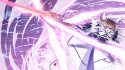  aiming blue_eyes brown_hair bullet cartridge casing_ejection commentary_request female h-new highres holding lyrical_nanoha magic_circle magical_girl mahou_shoujo_lyrical_nanoha mahou_shoujo_lyrical_nanoha_a&#039;s mahou_shoujo_lyrical_nanoha_the_movie_2nd_a&#039;s md5_mismatch open_mouth photoshop_(medium) polearm raising_heart raising_heart_(exelion_mode)_(2nd) shell_casing solo spear takamachi_nanoha takamachi_nanoha_(exelion_mode) twintails weapon wings 