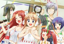  1boy 5girls air_(visual_novel) alcohol blonde_hair blush bottle cake canine casual commentary_request food grin kamio_haruko kamio_misuzu kirishima_kano kunisaki_yukito long_hair michiru_(air) midriff multiple_girls navel oerba_yun_fang one_eye_closed open_mouth party potato_(air) sake smile toono_minagi twintails yuzuki_karin 