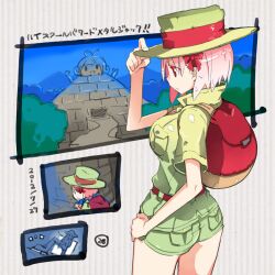  ^^^ adjusting_clothes adjusting_headwear ass backpack bag booby_trap bow breasts commentary_request dated day female green_shorts hairbow hand_on_own_hip hat large_breasts nakahara_(takayama_toshinori) original outdoors pink_hair profile pyramid_(structure) red_eyes short_hair short_sleeves shorts sky solo standing takayama_toshinori translated 