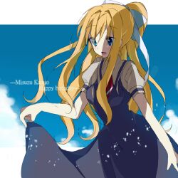  air_(visual_novel) bad_id bad_pixiv_id blonde_hair blue_eyes clothes_lift dress dress_lift female hanyan kamio_misuzu long_hair ponytail school_uniform solo very_long_hair 