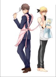  2boys absurdres alternate_costume apron artoria_pendragon_(fate) bad_id bad_pixiv_id barefoot blonde_hair blush brown_eyes brown_hair dakimakura_(object) earrings fate/zero fate_(series) fingerless_gloves gilgamesh_(fate) gilgamesh_(sensha_otoko)_(fate) gloves headband highres jewelry kotomine_kirei kotomine_kirei_(sensha_otoko) ladle male_focus multiple_boys photoshop_(medium) pillow red_eyes saber_(fate) sensha_otoko seojung simple_background tank_top white_background 