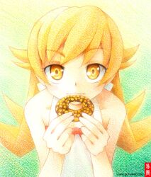  bakemonogatari bare_shoulders blonde_hair blush_stickers commentary_request coupy_pencil_(medium) doughnut dress eating female food gofu holding long_hair looking_at_viewer monogatari_(series) oshino_shinobu ringed_eyes smile solo traditional_media upper_body yellow_eyes 