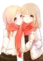  2girls ;) ali_manami cardigan commentary_request fukuji_mihoko holding_hands interlocked_fingers multiple_girls one_eye_closed red_scarf saki_(manga) scarf short_hair smile takei_hisa yuri 