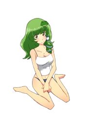  bad_id bad_pixiv_id bare_shoulders blue_panties blush breasts camisole collarbone female frog_hair_ornament green_hair hair_ornament kochiya_sanae long_hair medium_breasts navel non_(z-art) panties simple_background sitting snake_hair_ornament solo touhou underwear underwear_only wariza white_background yellow_eyes 