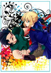  1boy ahoge artoria_pendragon_(fate) azuazuazu19 black_hair blonde_hair capsule_servant commentary_request diarmuid_ua_duibhne_(lancer)_(fate) fate/zero fate_(series) female gae_dearg_(fate) green_eyes master_artoria mole mole_under_eye photoshop_(medium) polearm school_uniform serafuku spear weapon yellow_eyes 