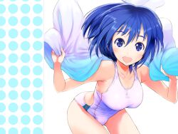  :d blue_eyes blue_hair blush breasts collarbone female frogman_(manga) holding izumi_haruka looking_at_viewer medium_breasts nylon_(nylon_100) one-piece_swimsuit open_mouth photoshop_(medium) short_hair smile solo swimsuit towel 