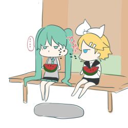  2girls blonde_hair blue_eyes chibi commentary_request food fruit hatsune_miku hazuki_natsu kagamine_rin long_hair multiple_girls seed short_hair sitting spitting very_long_hair vocaloid watermelon 