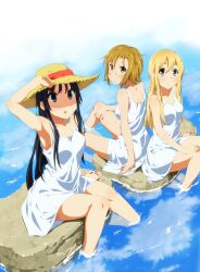  3girls akiyama_mio alternate_costume alternate_hair_length alternate_hairstyle bad_id bad_pixiv_id black_eyes black_hair blonde_hair blue_eyes blue_hair blush breasts brown_eyes brown_hair dress girock hat hat_ribbon hime_cut k-on! kotobuki_tsumugi long_hair medium_breasts multiple_girls open_mouth ribbon short_hair sitting skirt smile soaking_feet sun_hat sundress tainaka_ritsu very_long_hair water white_skirt yellow_eyes 