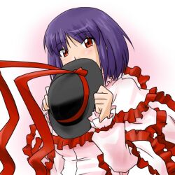  capelet commentary_request covering_face female frills hat long_sleeves nagae_iku purple_hair red_eyes short_hair solo supon touhou unworn_hat unworn_headwear 